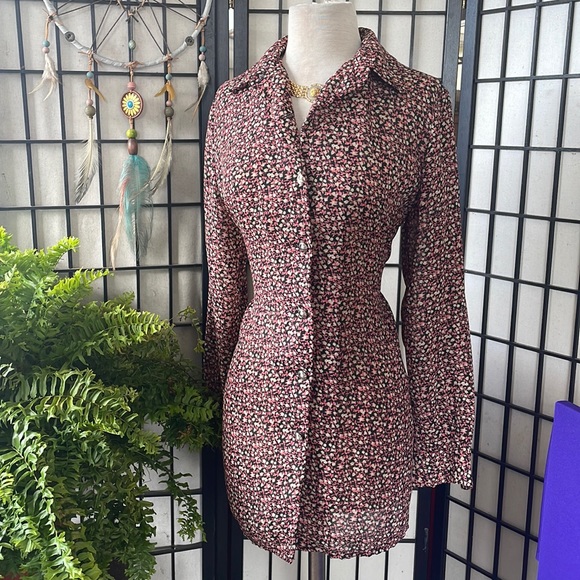 Sheer Print Button Down Blouse - Picture 1 of 7